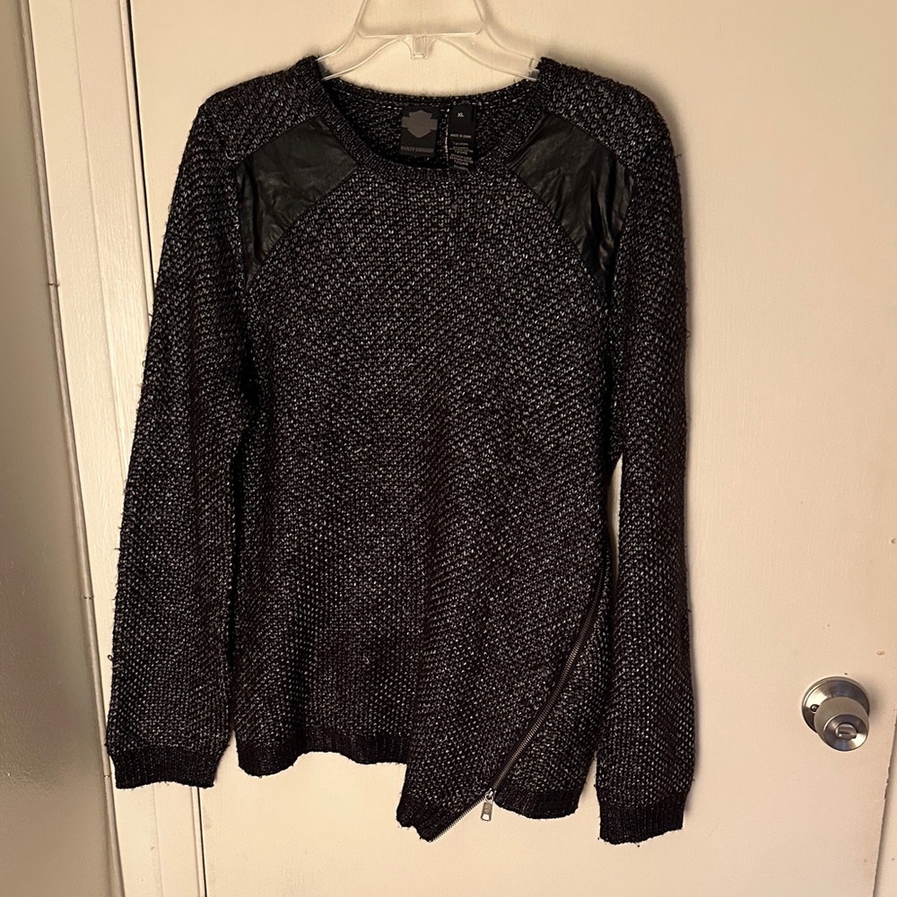Black Sweater w/ Faux Leather and Zipper Accents